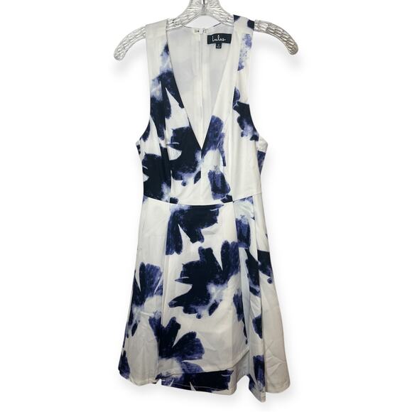NWT Lulus White Blue Floral Print Deep V-Neck Sleeveless A-Line Dress Size Small - Picture 4 of 16